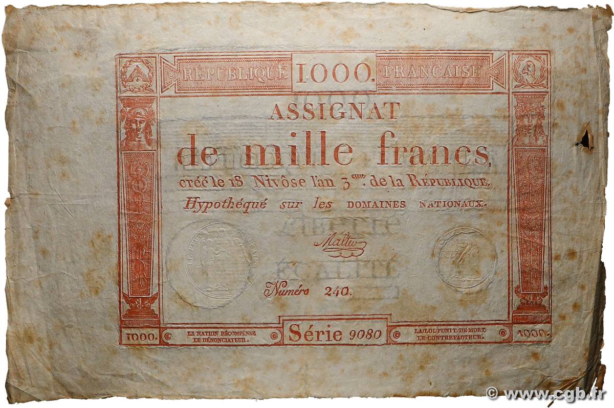 1000 Francs FRANCE  1795 Ass.50a TB+