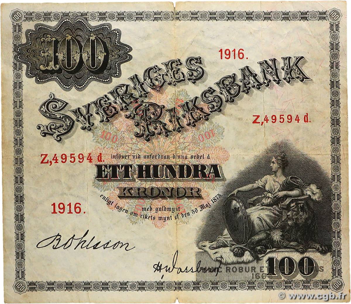 100 Kronor Numéro radar SUÈDE  1916 P.29j pr.TB