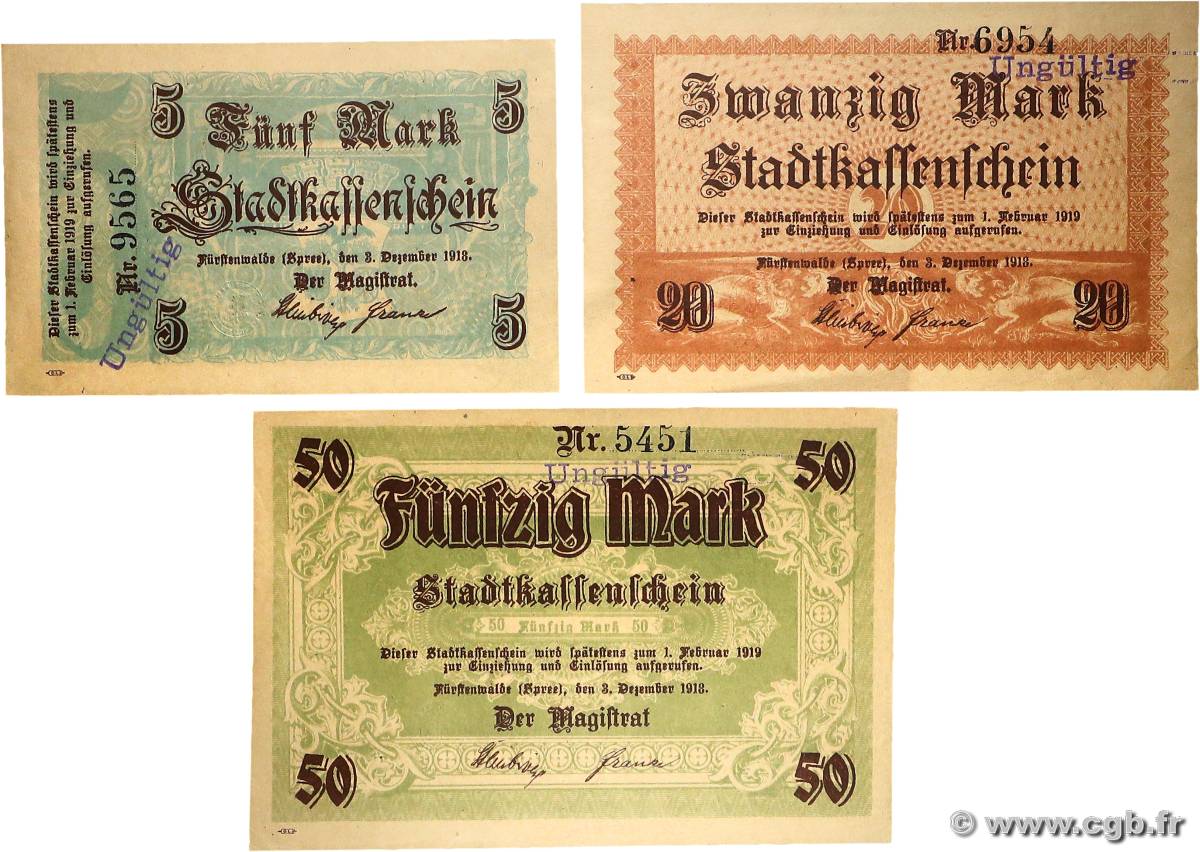 5, 20 et 50 Mark Lot ALLEMAGNE Fürstenwalde 1918  SUP