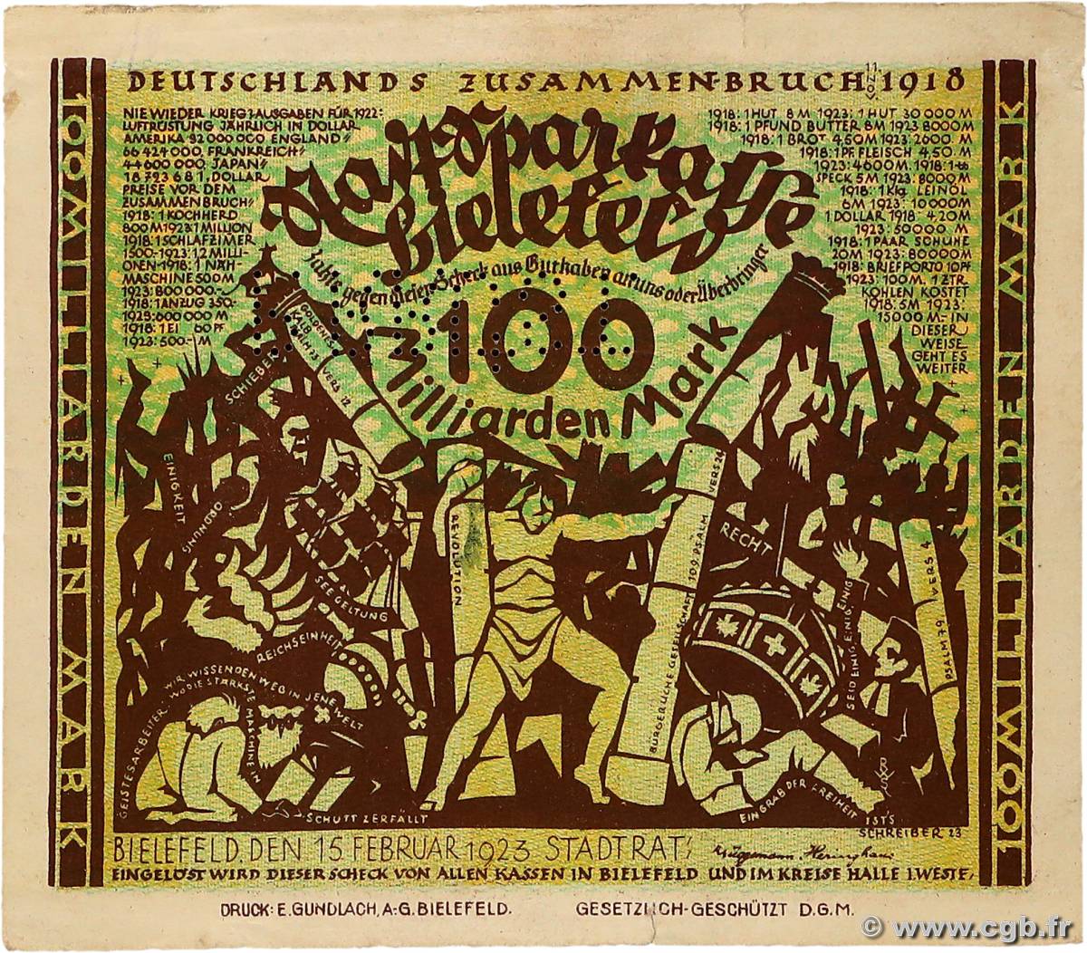 100 Milliarden Mark ALLEMAGNE Bielefeld 1923  TB+