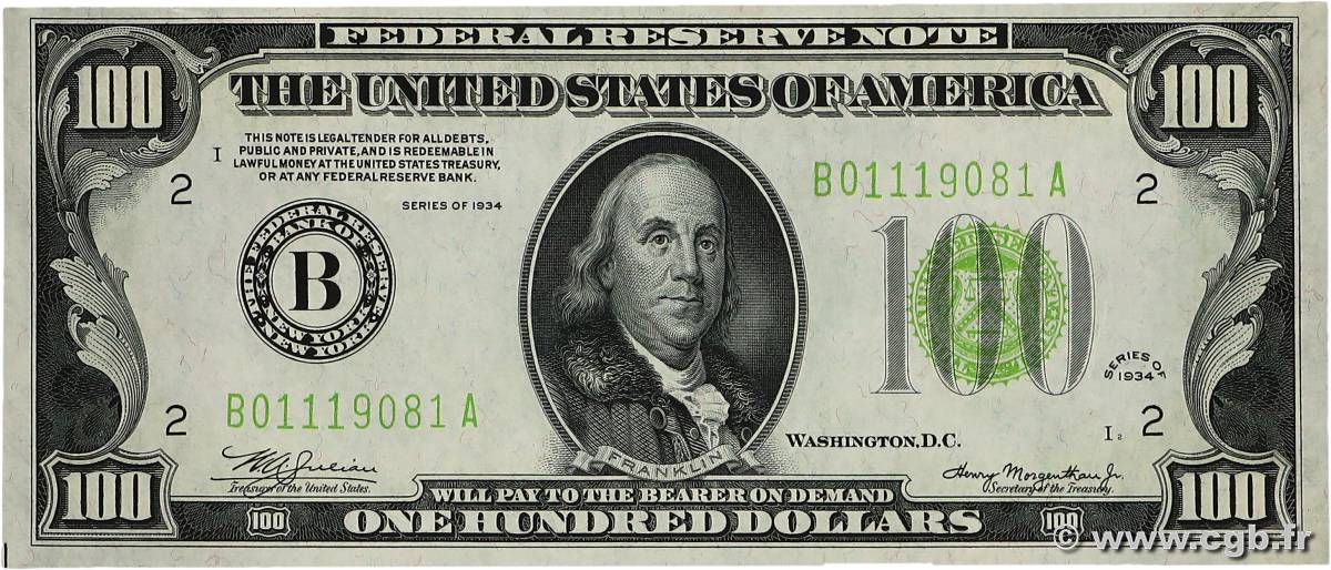 100 Dollars STATI UNITI D AMERICA New York 1934 P.433 AU
