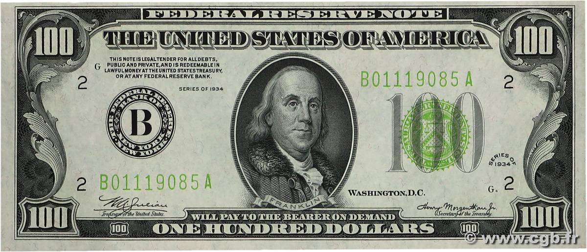 100 Dollars ÉTATS-UNIS D AMÉRIQUE New York 1934 P.433 SPL