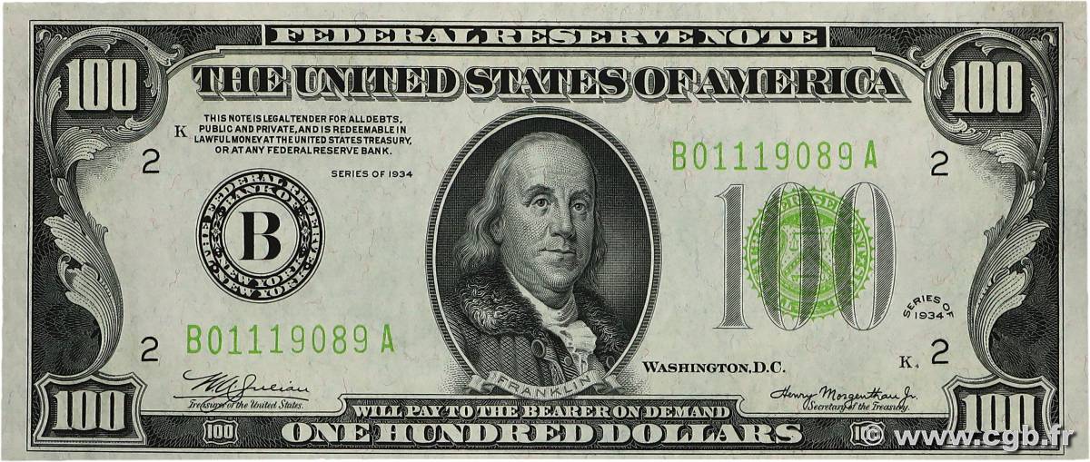 100 Dollars ÉTATS-UNIS D AMÉRIQUE New York 1934 P.433 SPL+