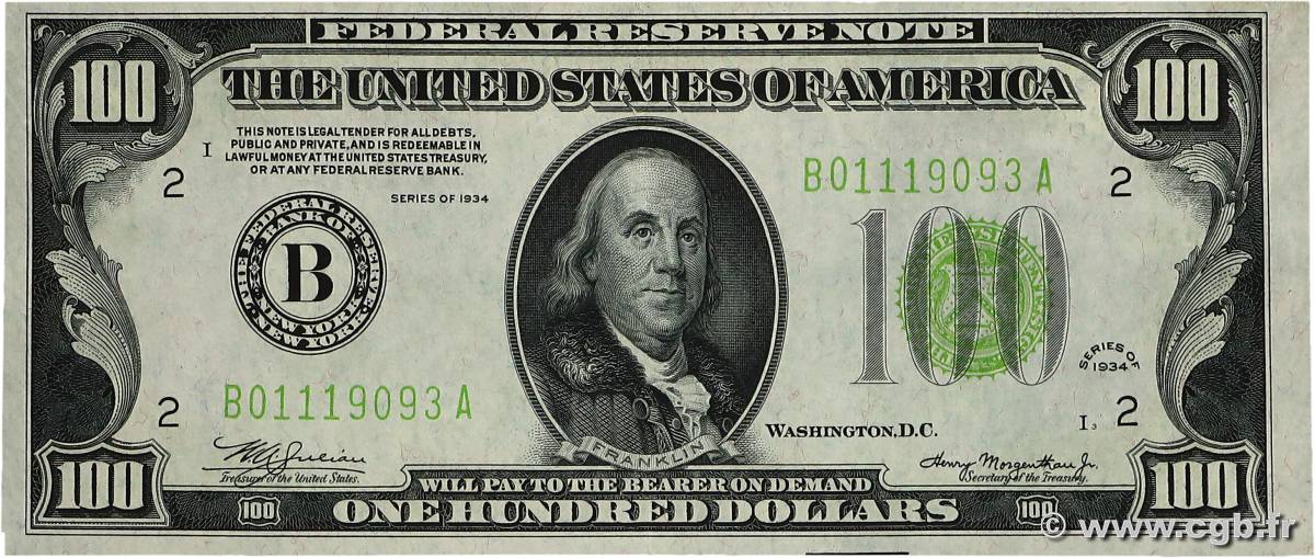 100 Dollars ÉTATS-UNIS D AMÉRIQUE New York 1934 P.433 SPL
