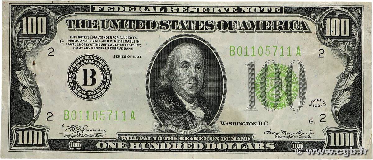 100 Dollars ÉTATS-UNIS D AMÉRIQUE New York 1934 P.433 TB+