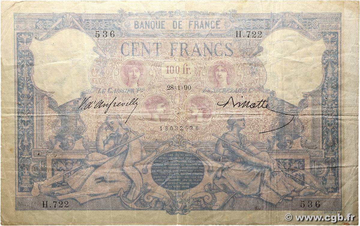 100 Francs BLEU ET ROSE FRANCE  1890 F.21.03 F