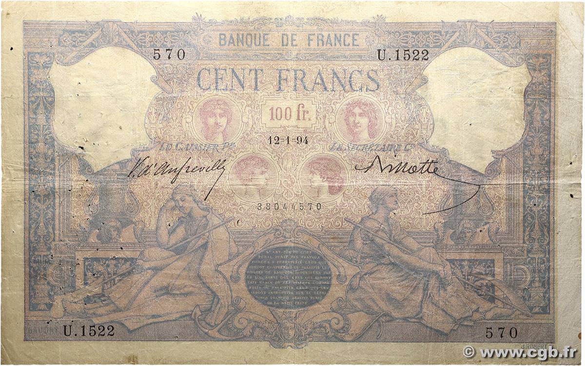 100 Francs BLEU ET ROSE FRANCE  1894 F.21.07 pr.TB