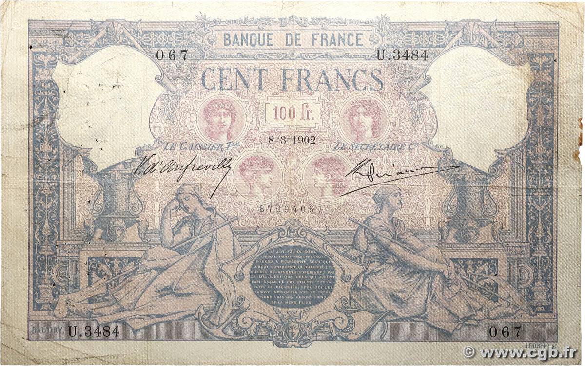 100 Francs BLEU ET ROSE FRANCE  1902 F.21.16 VG