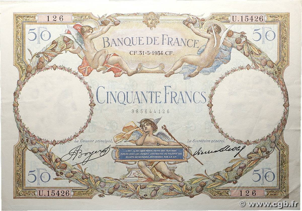 50 Francs LUC OLIVIER MERSON type modifié FRANCE  1934 F.16.05 VF+