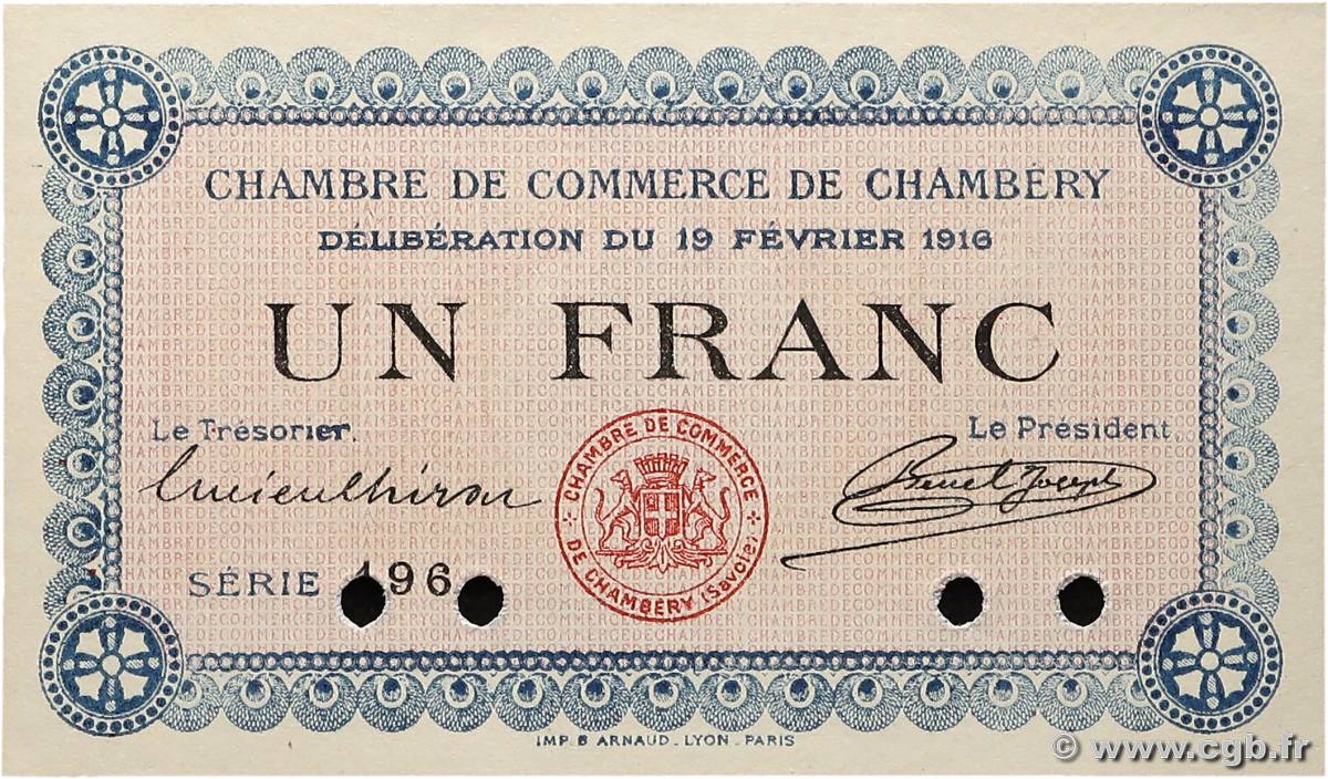 1 Franc Spécimen FRANCE regionalism and miscellaneous Chambéry 1916 JP.044.06 UNC