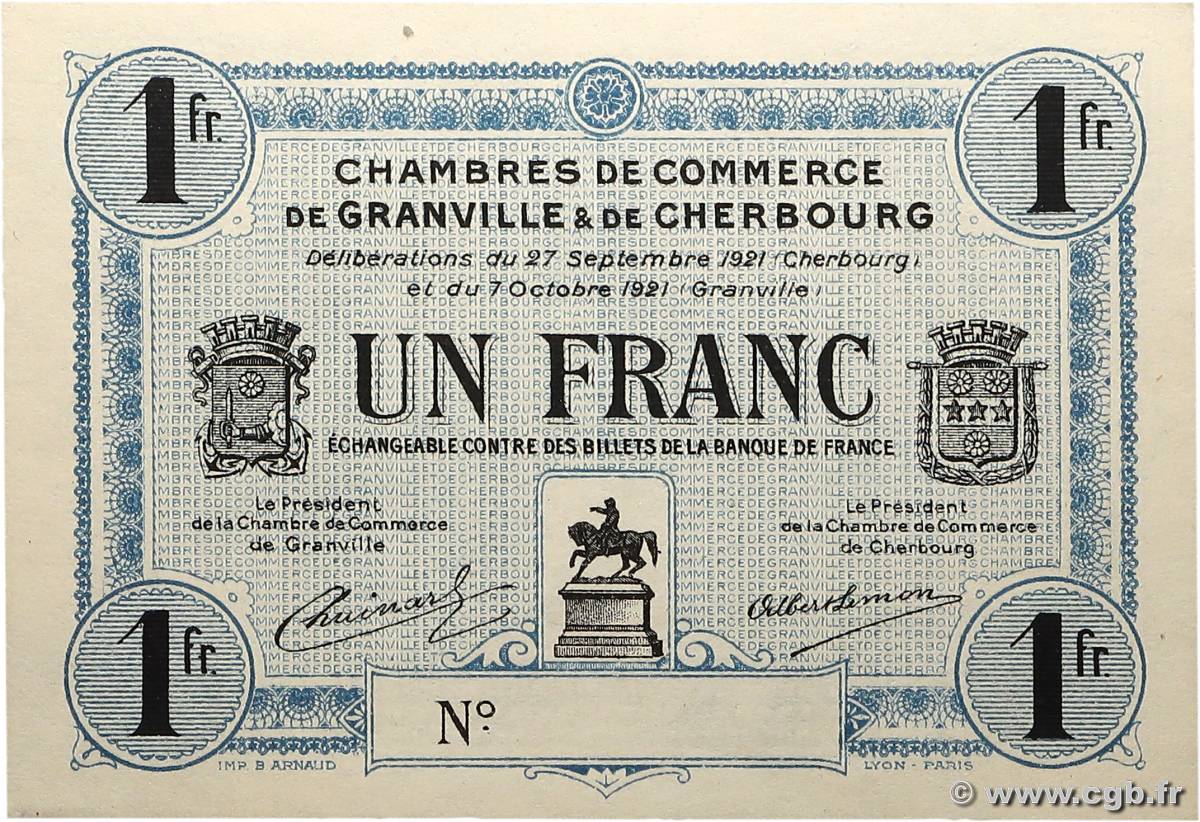 1 Franc Spécimen FRANCE regionalism and miscellaneous Granville et Cherbourg 1921 JP.061.10 UNC