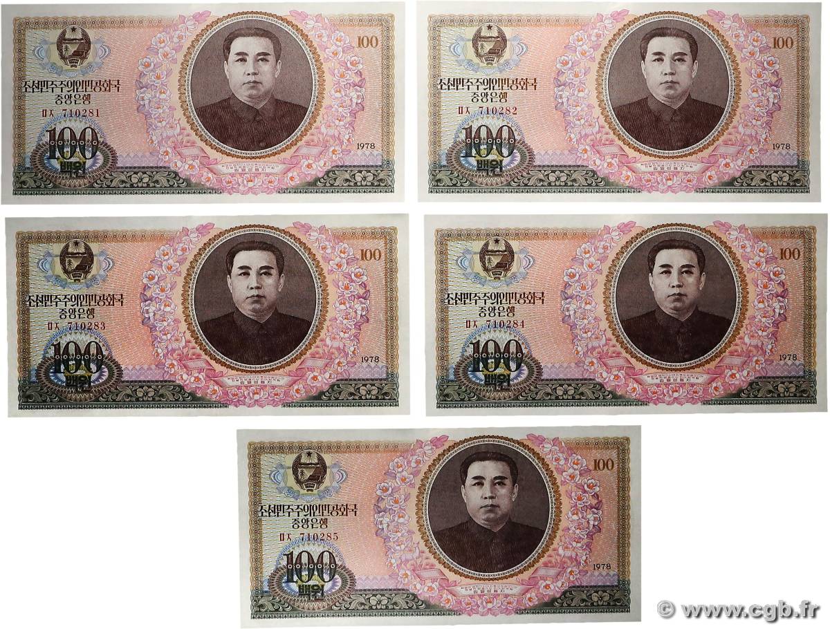 100 Won Lot CORÉE DU NORD  1978 P.22a pr.NEUF