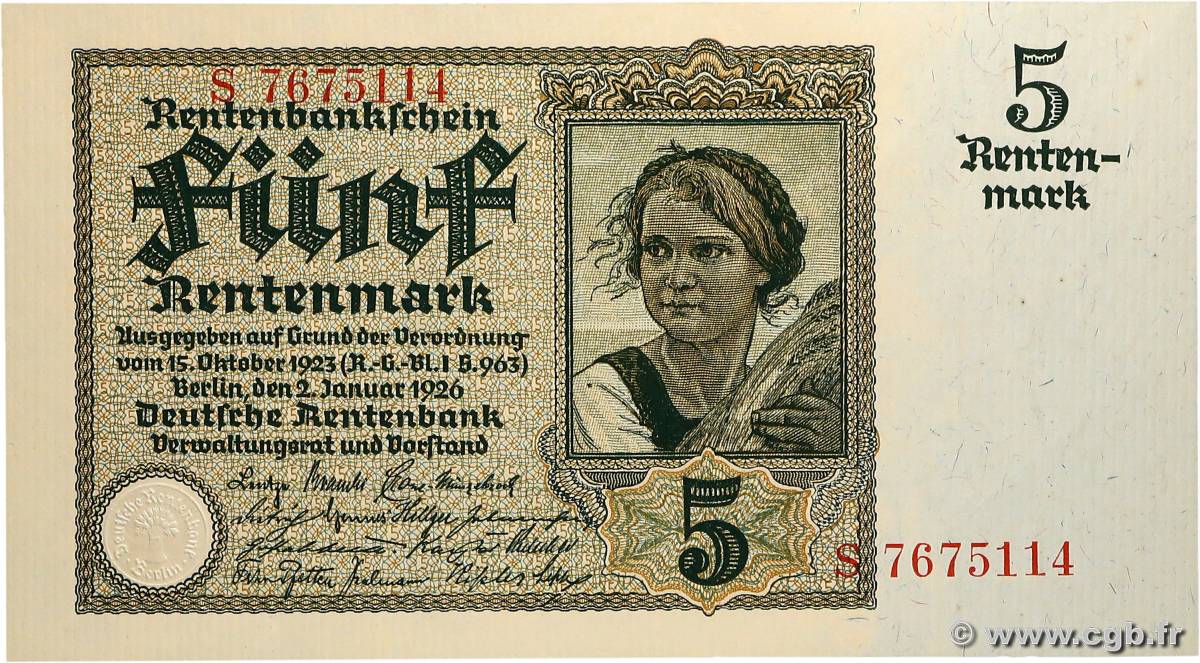 5 Rentenmark ALLEMAGNE  1926 P.169 pr.SPL