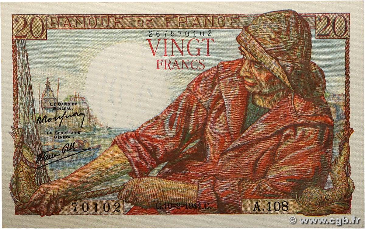 20 Francs PÊCHEUR FRANCE  1944 F.13.08 NEUF