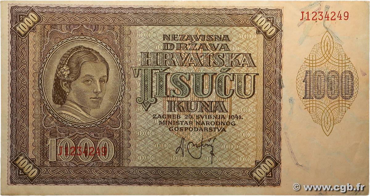 1000 Kuna CROATIE  1941 P.04a TTB+