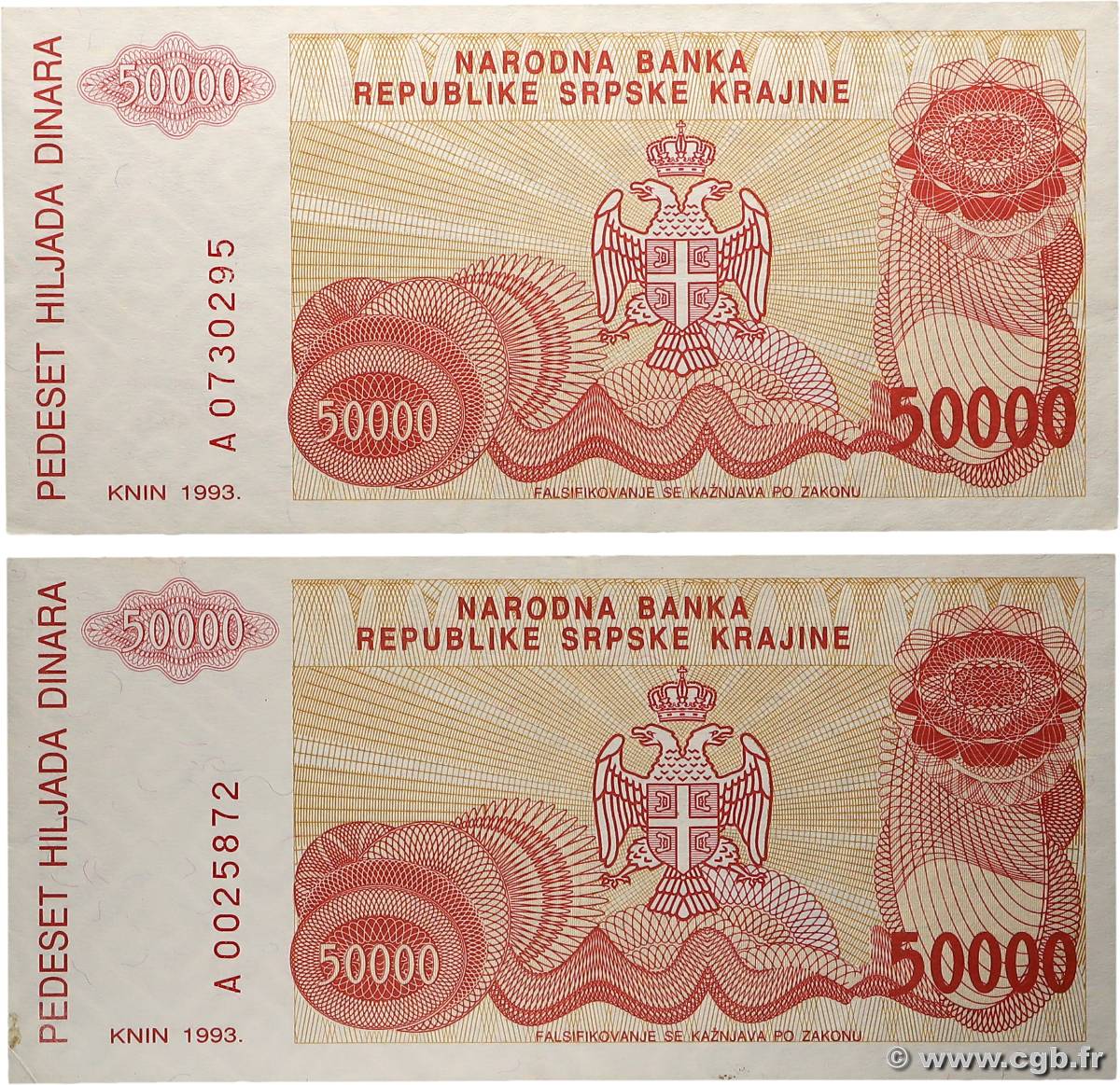 50000 Dinara Lot CROATIE  1993 P.R21a SUP