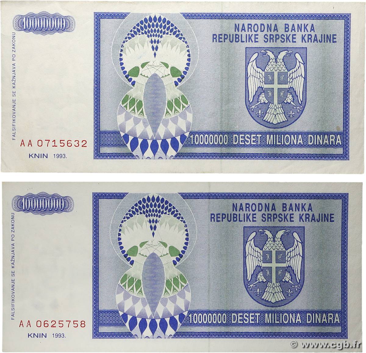 10000000 Dinara Lot CROATIE  1993 P.R12a SUP+