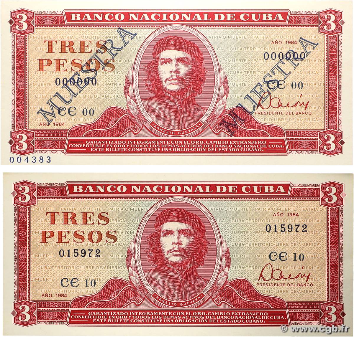 3 Pesos Lot CUBA  1984 P.107as et P.107a FDC