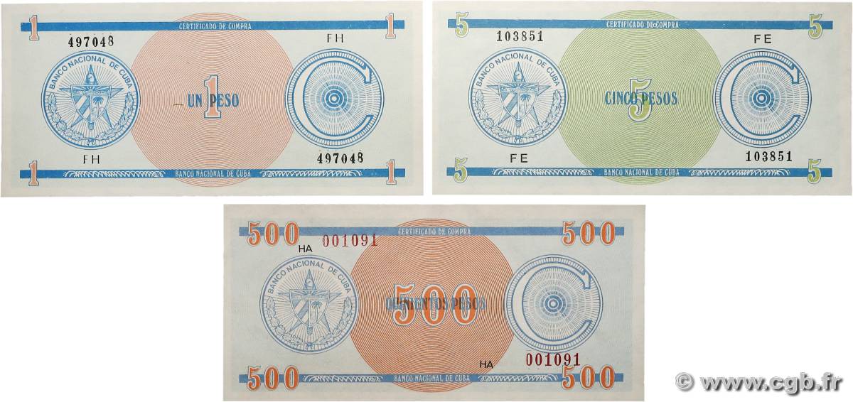 1, 5 et 500 Pesos Lot CUBA  1987 P.FX11, 13 et 18 FDC