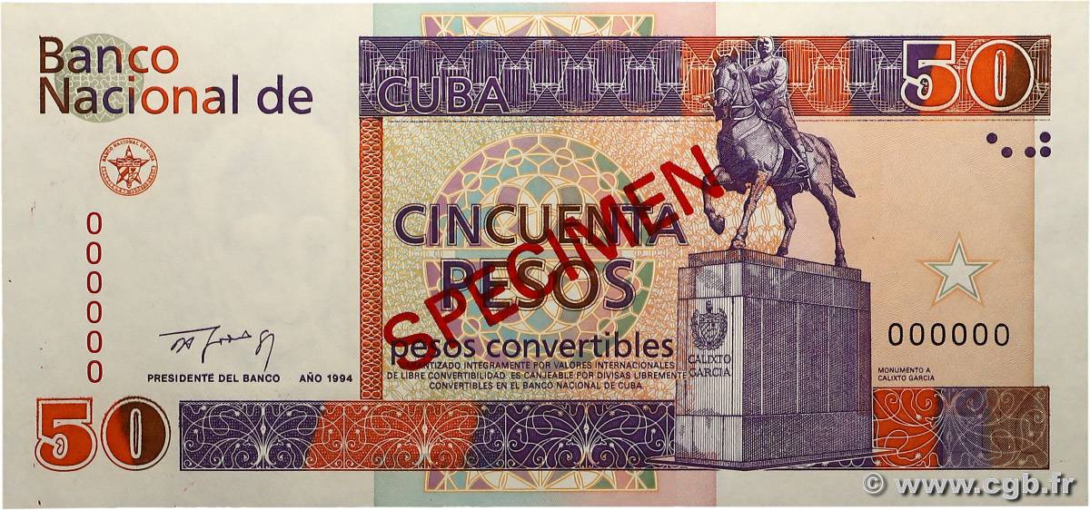 50 Pesos convertibles Spécimen CUBA  1994 P.FX42s UNC