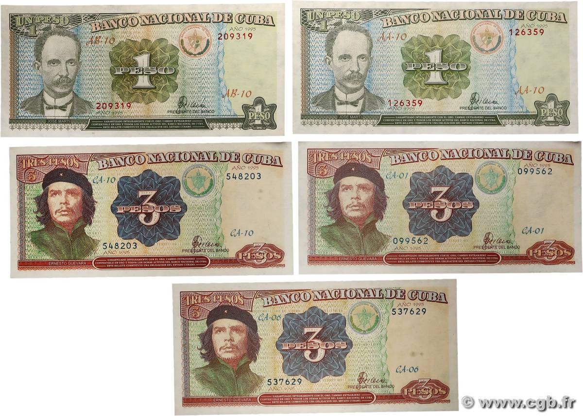 1 et 3 Pesos Lot KUBA  1995 P.112 et 113 fST+
