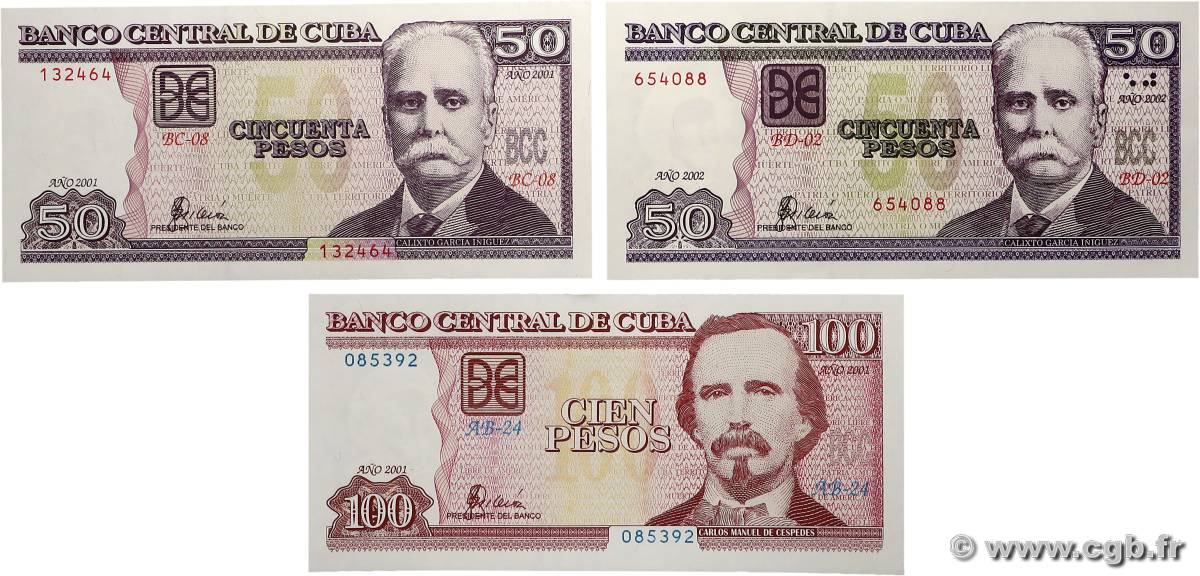 50 et 100 Pesos Lot CUBA  2001 P.119c , P.123a et P.124a UNC