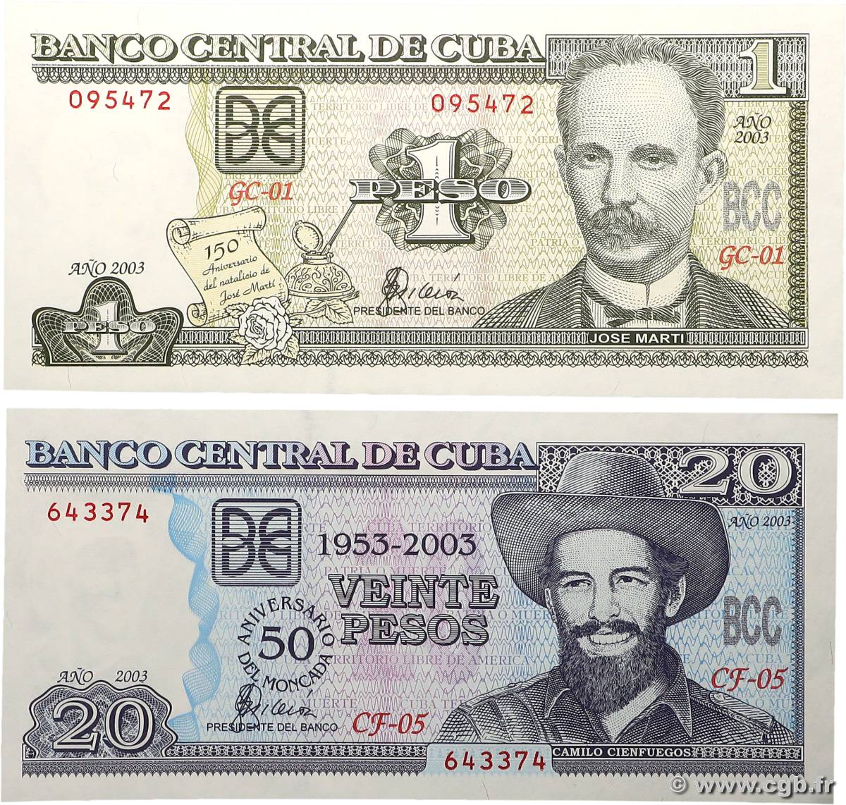 1 et 20 Pesos Lot CUBA  2003 P.125 et P.126 UNC