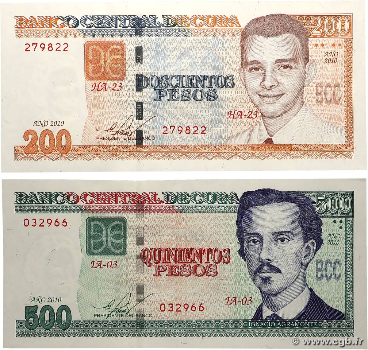 200 et 500 Pesos Lot CUBA  2010 P.130a et P.131a UNC-