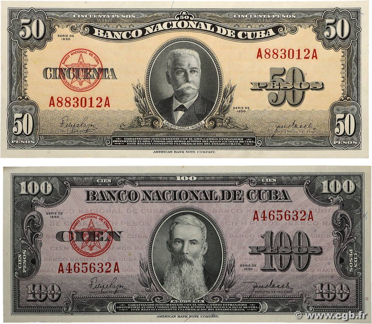 50 et 100 Pesos Lot CUBA  1950 P.081a et P.082a AU+