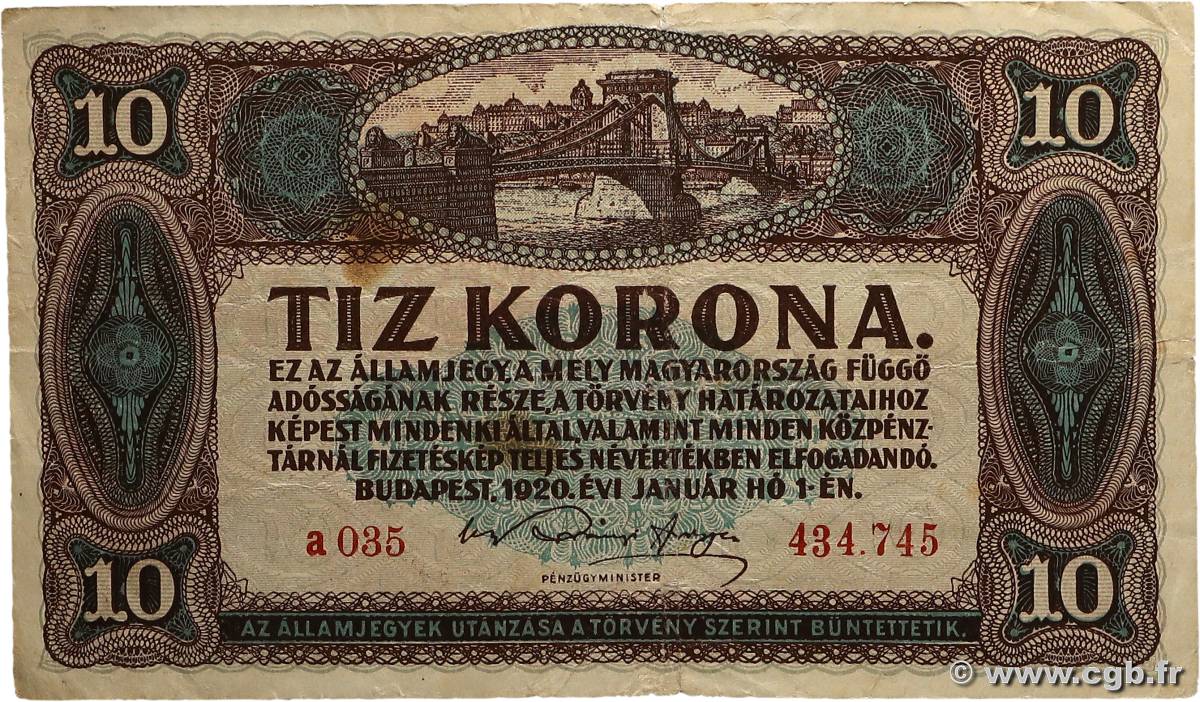 10 Korona HUNGARY  1920 P.060 F
