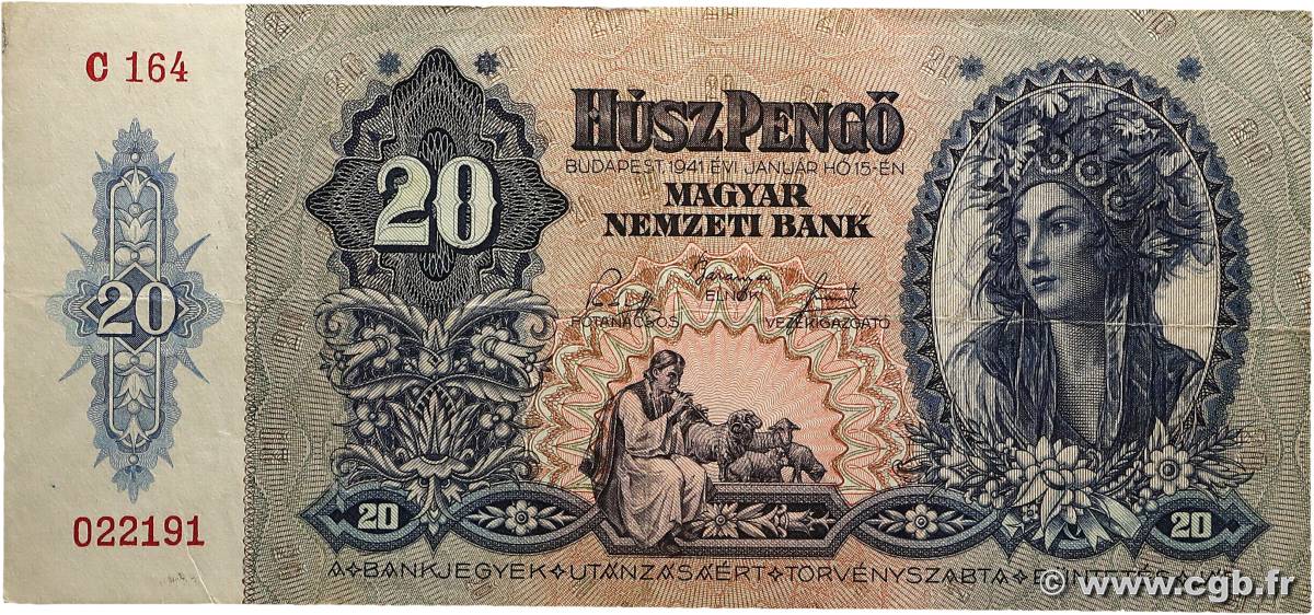 20 Pengö HUNGARY  1941 P.109 F+
