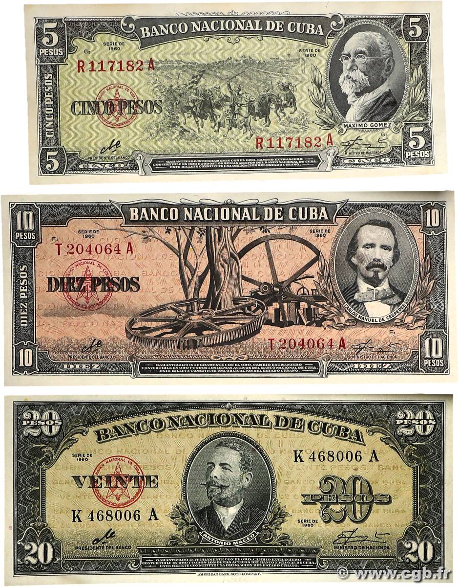 5, 10 et 20 Pesos Lot CUBA  1960 P.080c, P.088c et P.091c SC