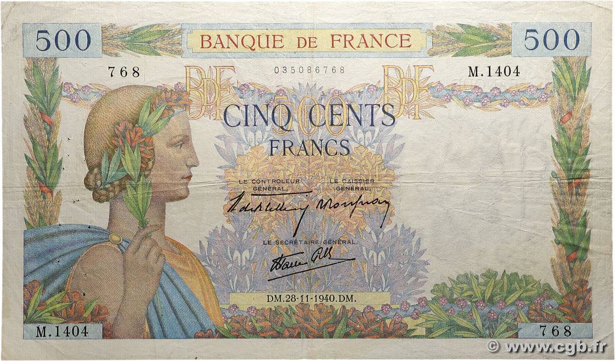 500 Francs LA PAIX FRANCE  1940 F.32.09 TB