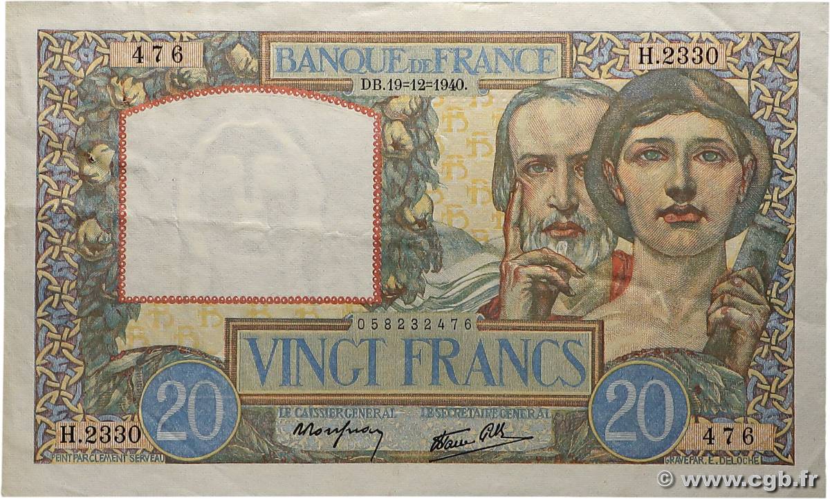 20 Francs TRAVAIL ET SCIENCE FRANCE  1940 F.12.10 TTB+