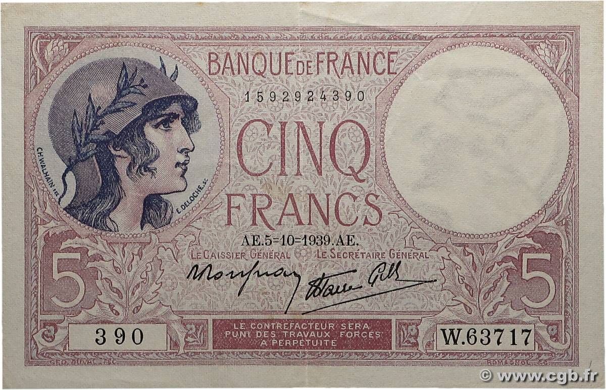 5 Francs FEMME CASQUÉE modifié FRANCE  1939 F.04.11 TTB