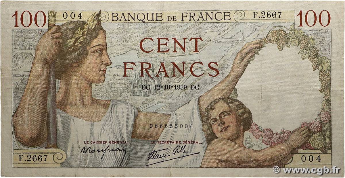100 Francs SULLY FRANCE  1939 F.26.10 TB+