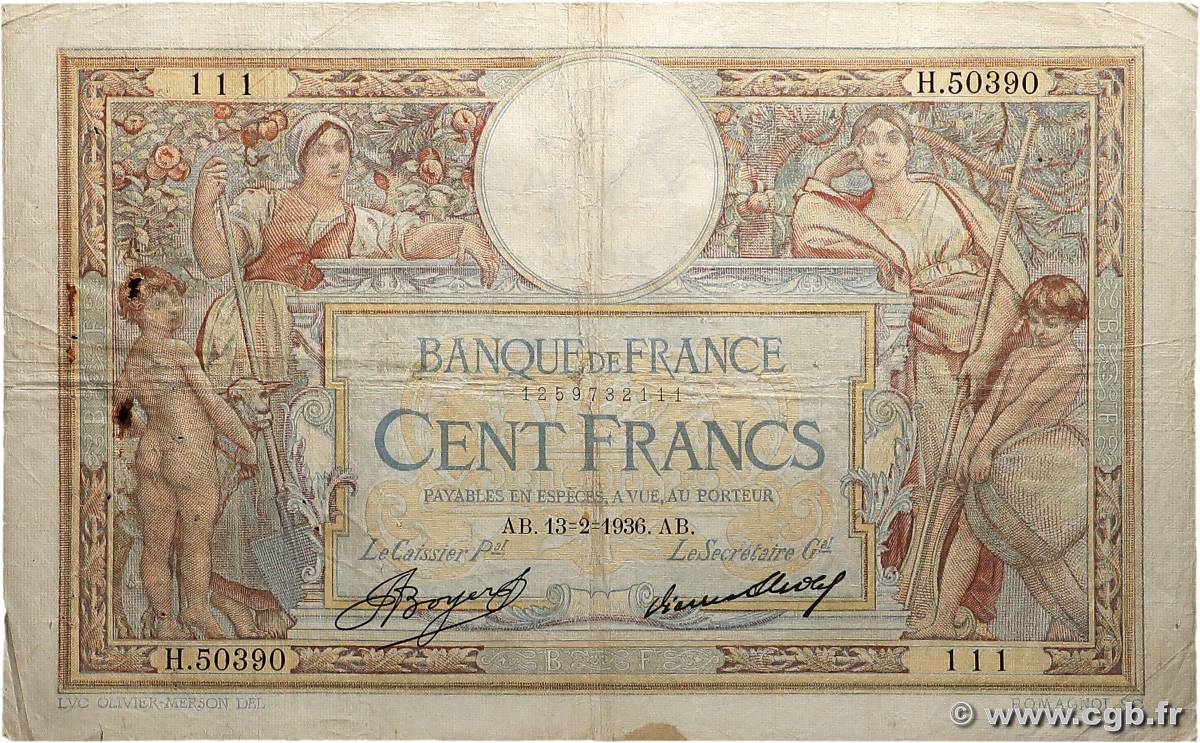 100 Francs LUC OLIVIER MERSON grands cartouches Numéro spécial FRANCE  1936 F.24.15 B+