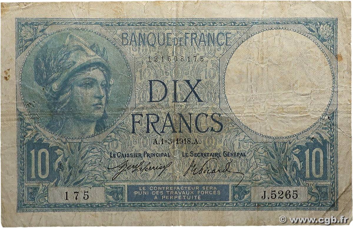 10 Francs MINERVE FRANCE  1918 F.06.03 B
