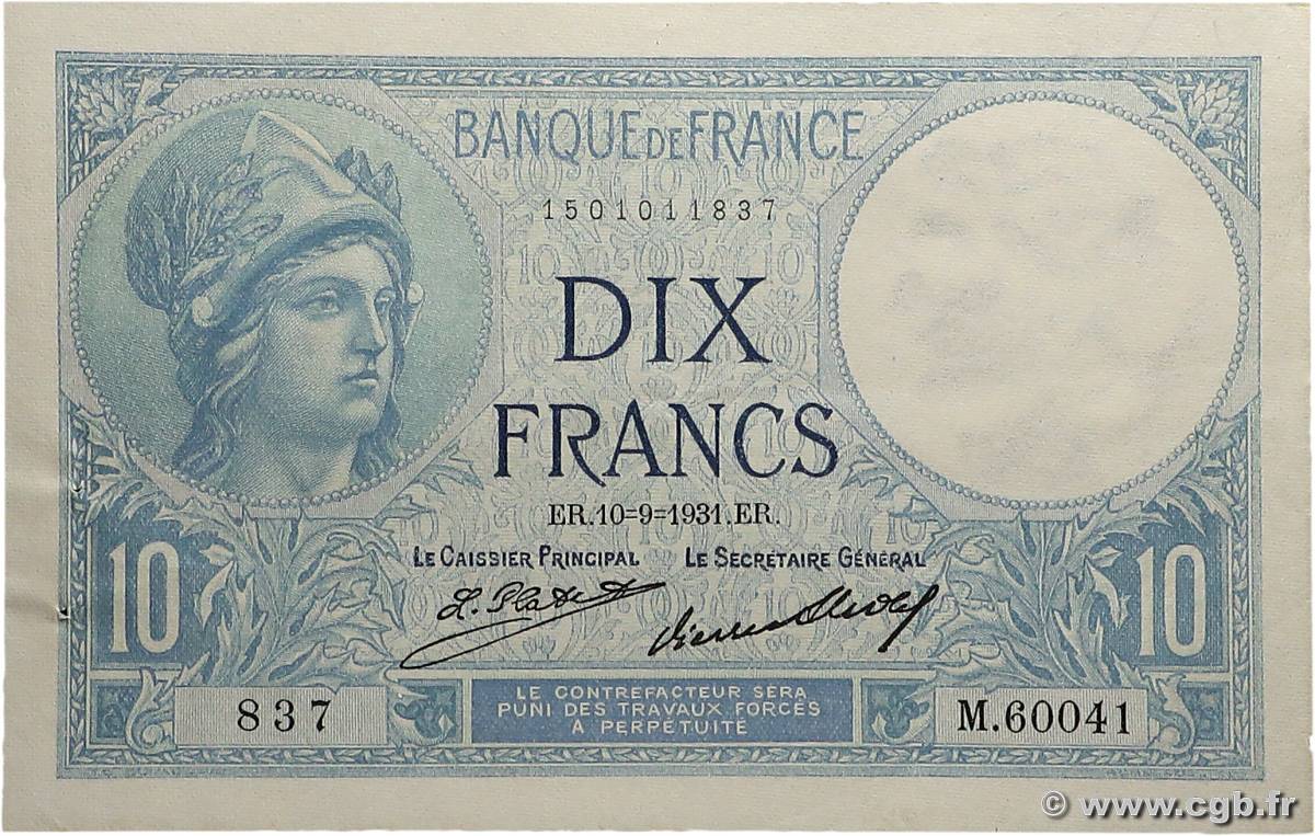 10 Francs MINERVE FRANCE  1931 F.06.15 SUP