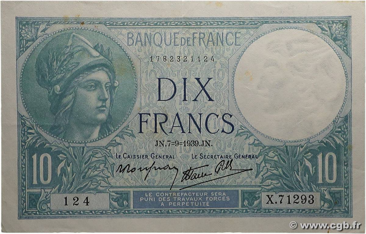 10 Francs MINERVE modifié FRANCE  1939 F.07.06 TTB+