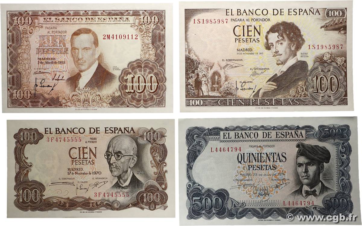 100 et 500 Pesetas Lot ESPAÑA  1953 P.145a, P.150a, P.152a et P.153a SC