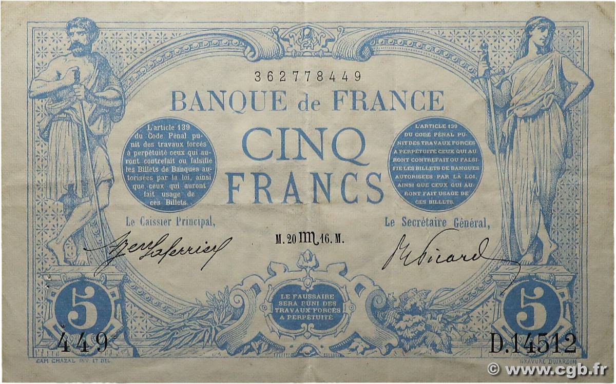 5 Francs BLEU FRANCE  1916 F.02.44 VF+