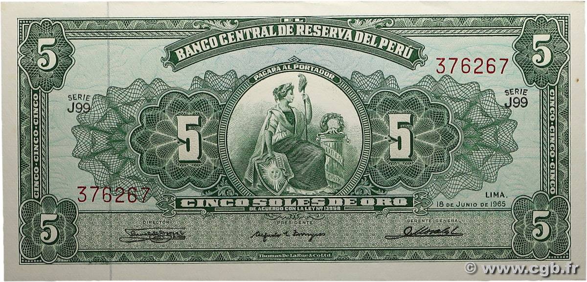 5 Soles de Oro PÉROU  1965 P.083 pr.NEUF