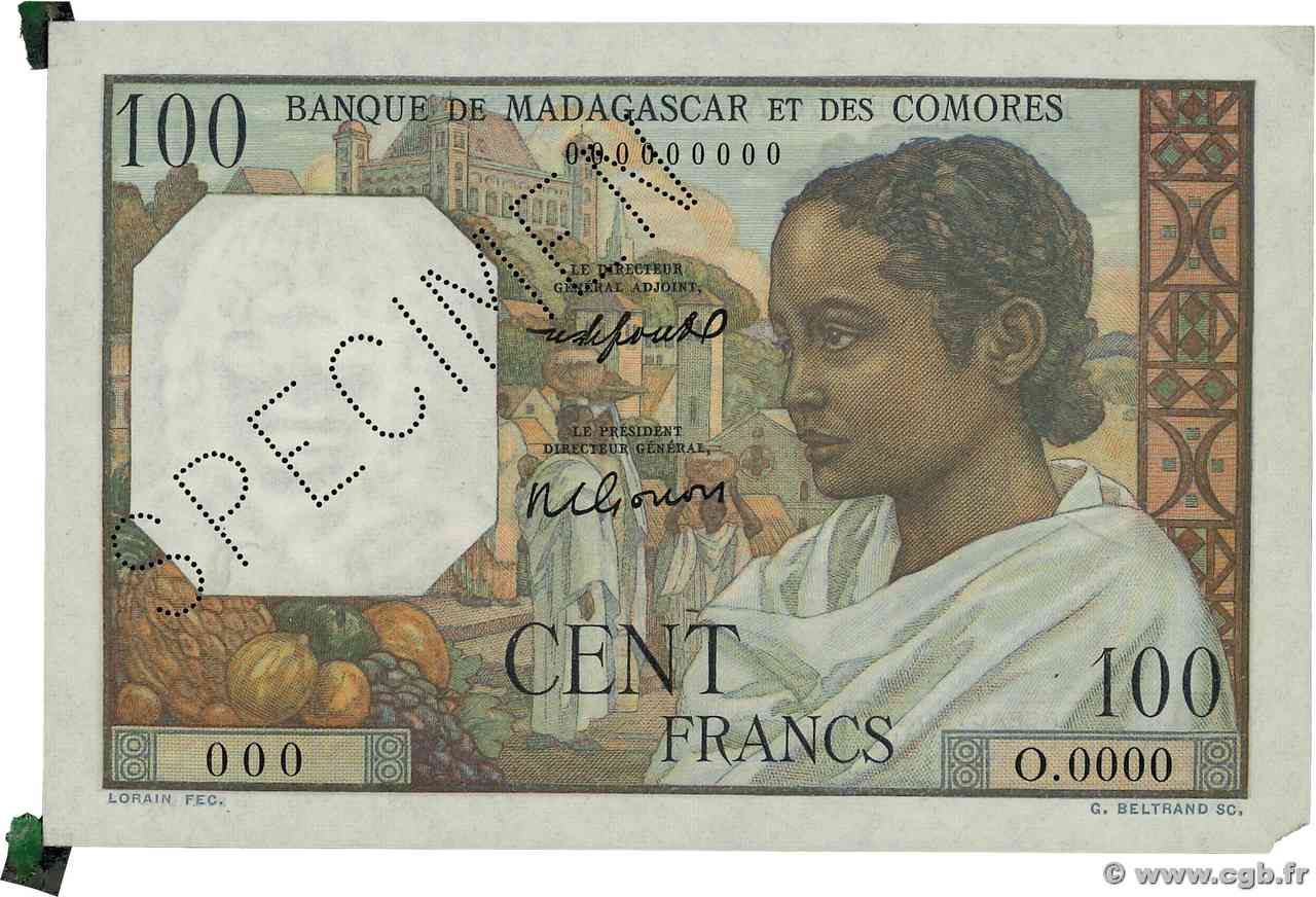 100 Francs Spécimen MADAGASCAR  1950 P.046bs pr.SPL