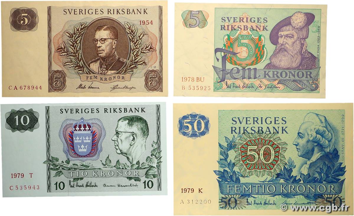 5, 10 et 50 Kronor Lot SUÈDE  1954 P.42a et P.51d au P.53c SC