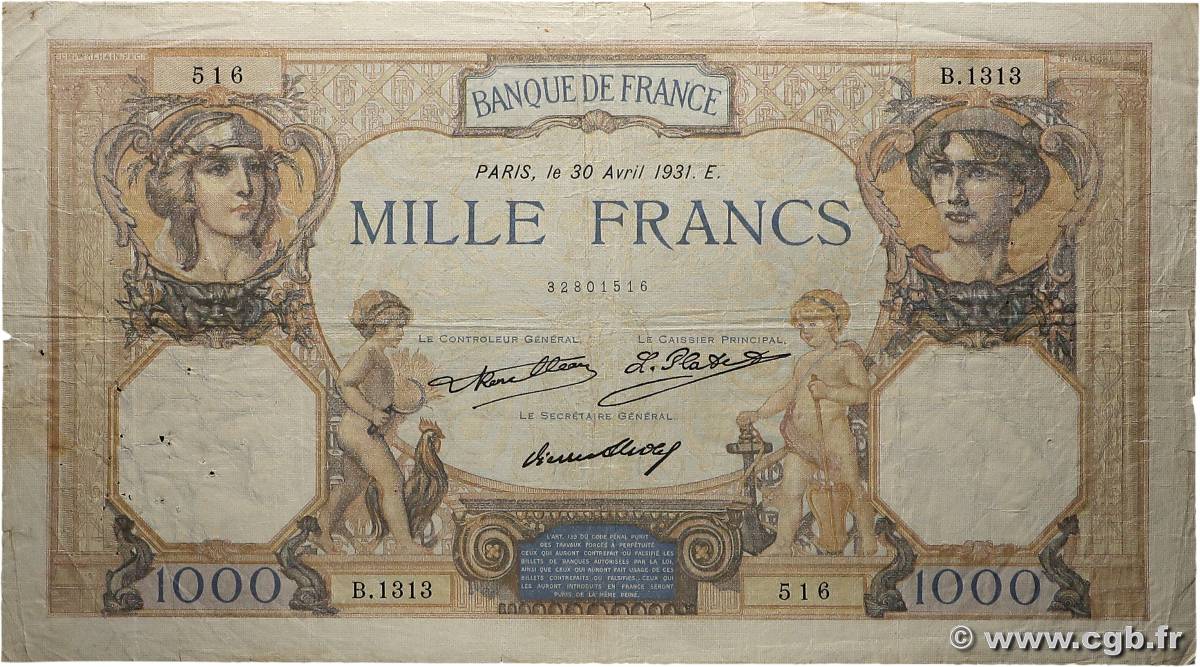 1000 Francs CÉRÈS ET MERCURE FRANCE  1931 F.37.06 B+