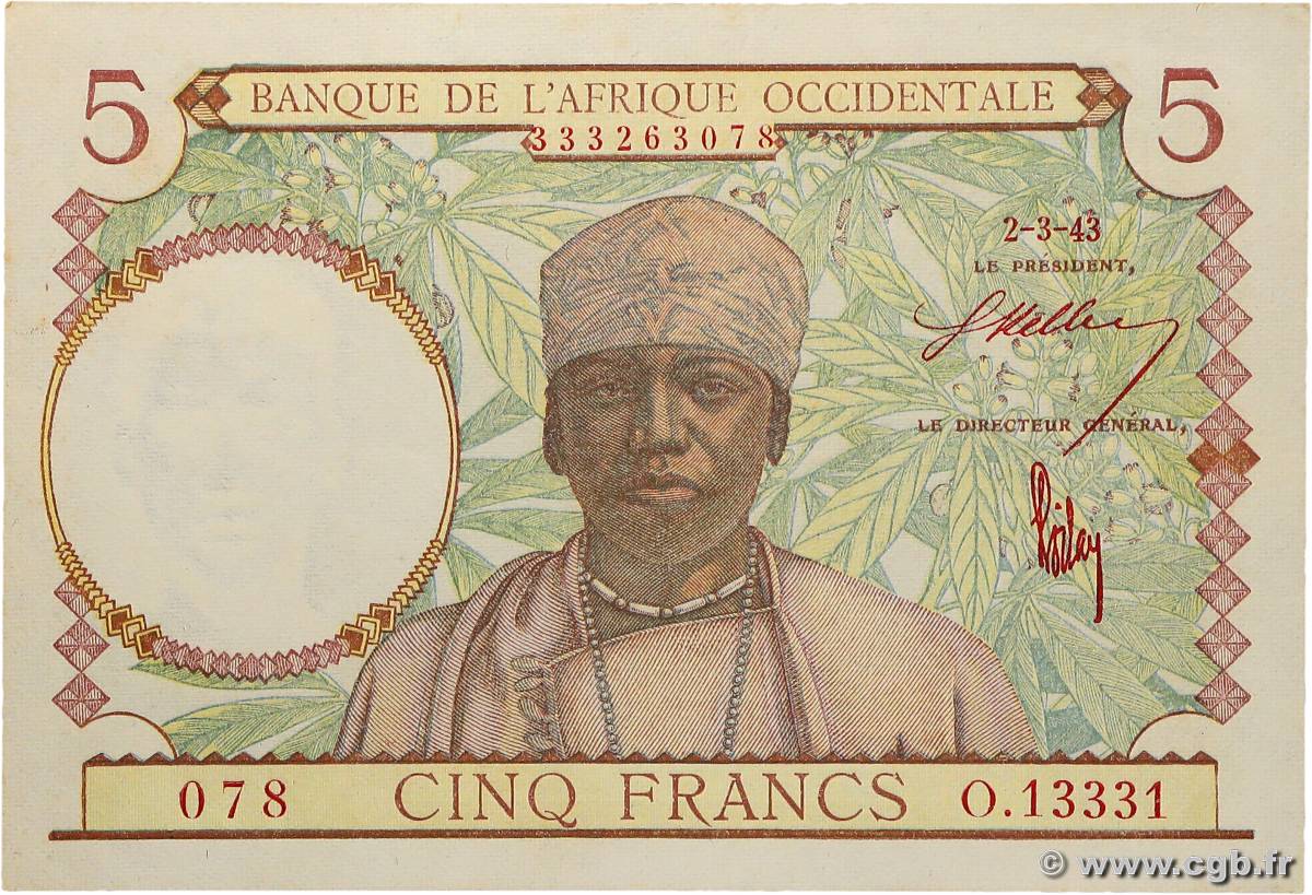 5 Francs AFRIQUE OCCIDENTALE FRANÇAISE (1895-1958)  1943 P.26 SUP