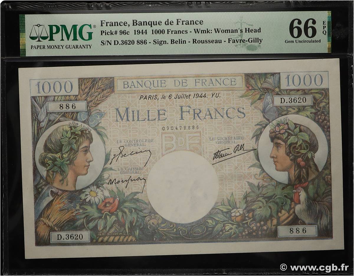 1000 Francs COMMERCE ET INDUSTRIE FRANCIA  1944 F.39.10 FDC