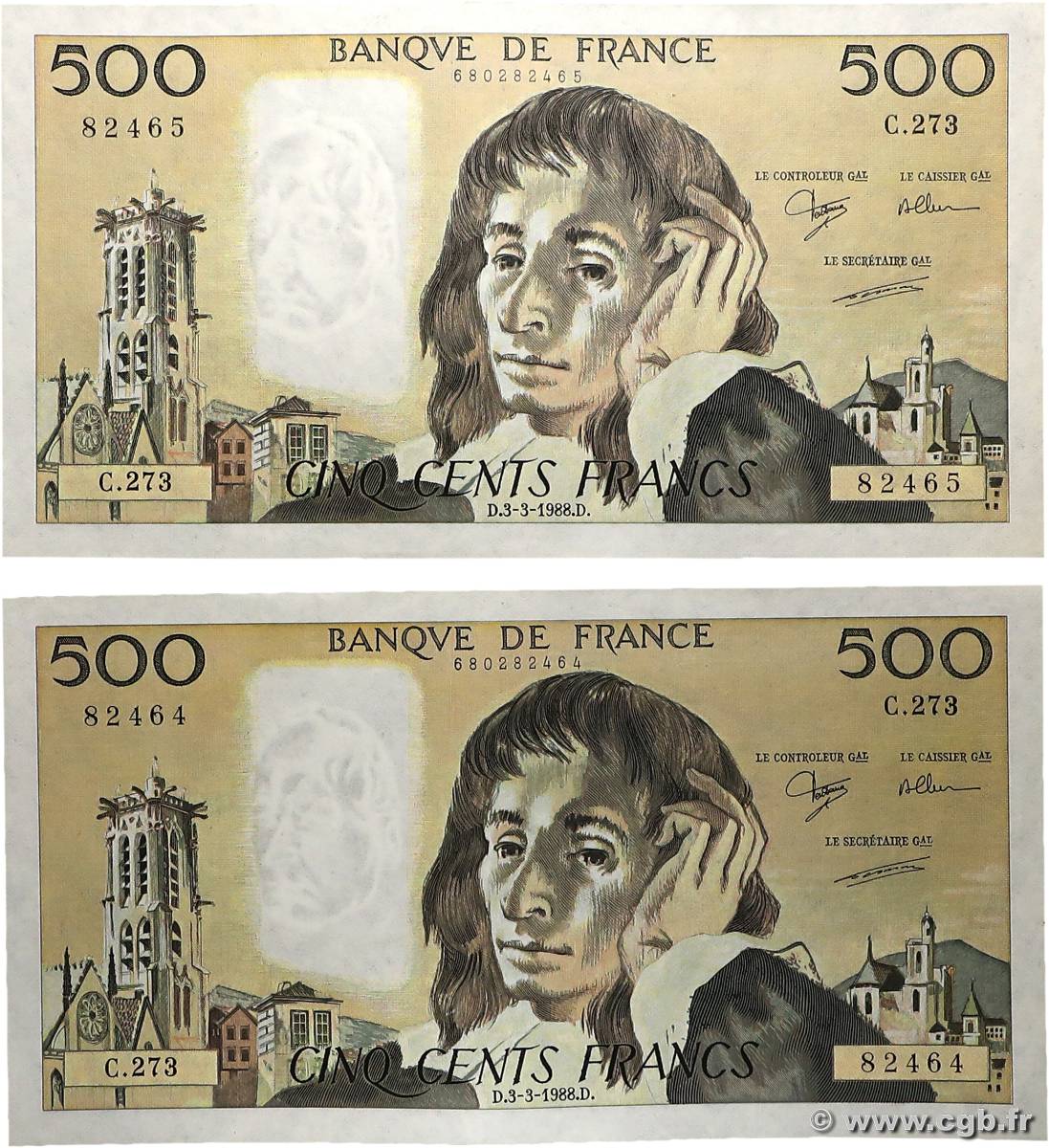500 Francs PASCAL Consécutifs FRANCE  1988 F.71.38 AU+