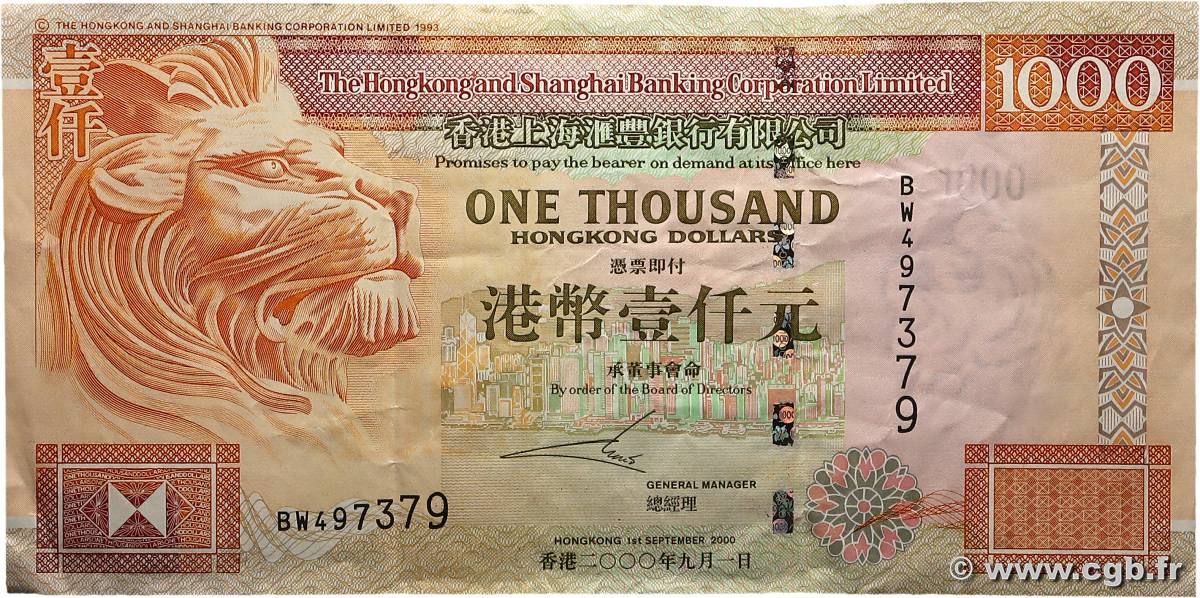 1000 Dollars HONG KONG  2000 P.206a TTB+